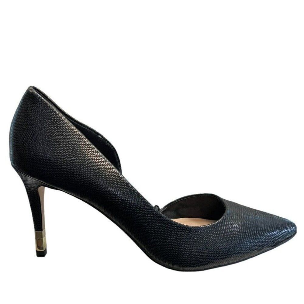 ALDO Size 10 Black Faux Leather Pointed Toe Pumps Gold Stiletto High Heels